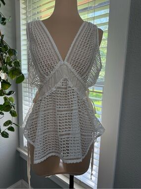 Derek Lam 10 Crosby White Crochet V-Neck Peplum Top Silk Ruched Detail Size 6